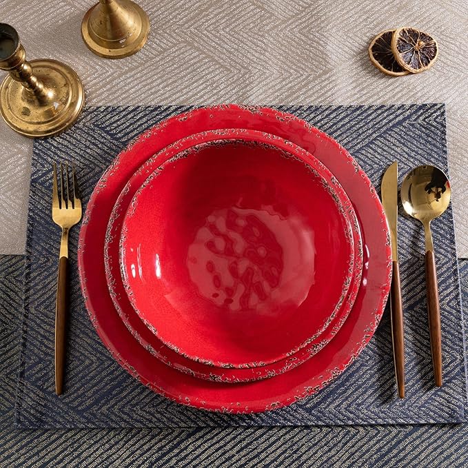 12 Piece Farmhouse Melamine Dinnerware Sets, Service For 4 Rustic Crackled Plates and Bowls Sets, Melamine Dishes Set for Christmas,Wedding, Set of 4 Camping Dishes, Red