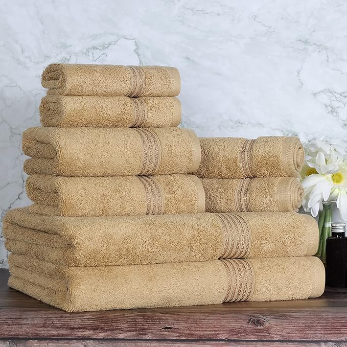 Superior Egyptian Cotton 8-Piece Towel Set, Assorted Towels for Home Bathroom, Guest Bath Decor Essentials, Includes 2 Bath, 4 Hand, 2 Face Towels/Washcloths, Quick Dry, Absorbent, Toast