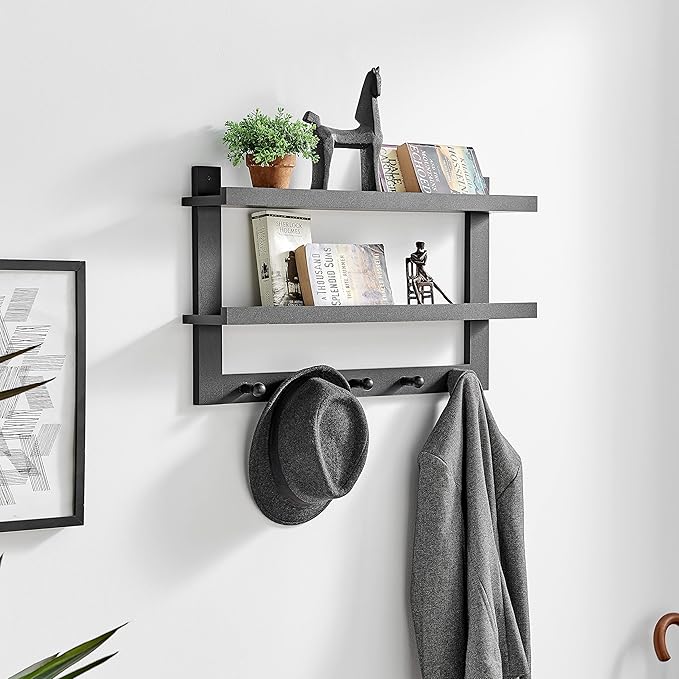Danya B 2-Tier Ledge Wall Shelf Organizer with Five Hanging Coat or Towel Hooks - Perfect for Entryway or Bathroom (Black)