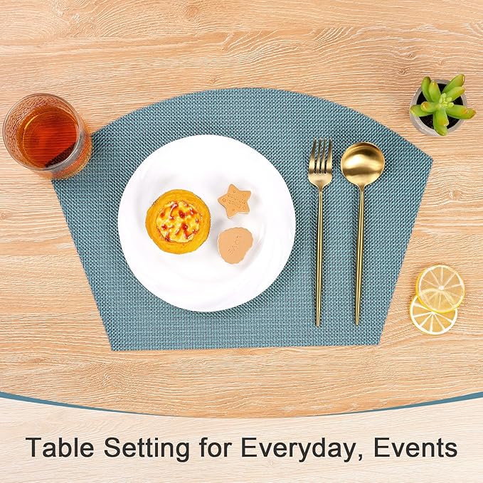 SHACOS Round Table Placemats Set of 4 Small Wedge Placemat Wipe Clean Heat Resistant Woven Vinyl Round Table Mats (4, Gray Blue)