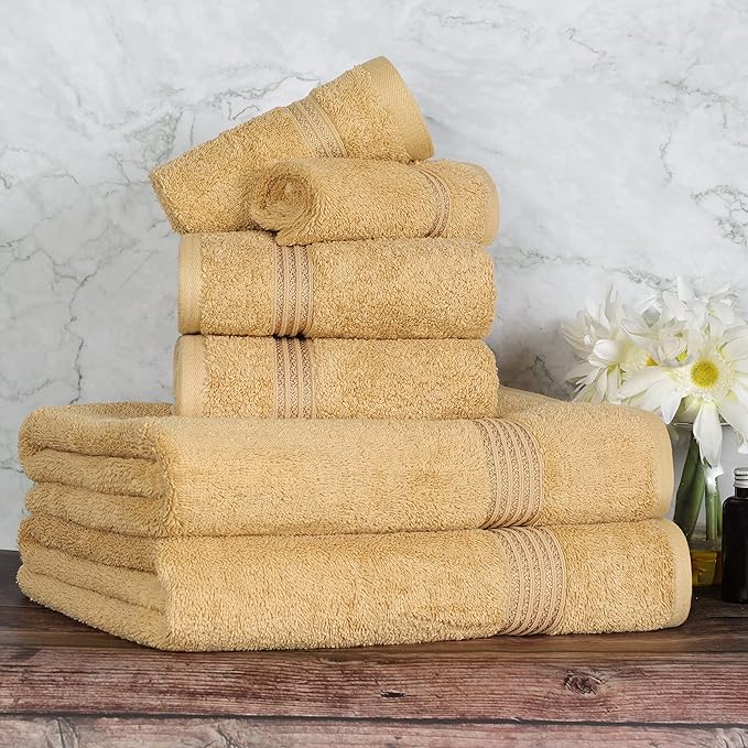 Superior Luxury Cotton Bath Towel - 6 Piece Set, Premium Egyptian Cotton Towels, Gold