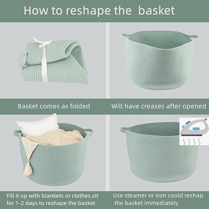 Large Cotton Rope Basket Blankets Basket Living Room 22"x14" Toy Basket for Kids Dogs Rope Storage Basket for Nursery Woven Laundry Basket for Clothes Towels Baby Toy Storage round light green