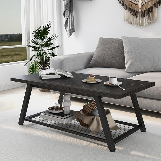 Tohomeor 2-Tier Industrial Coffee Table Mnimalist Vintage Farmhouse Wooden and Metal Living Room Coffee Table with Storage Shelf Accent Furniture (Charcoal Black)
