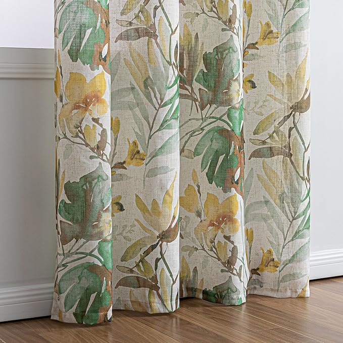 MYSKY HOME Floral Curtains 63 Inch Length Semi Sheer Drapes for Living Room Bedroom, Flower Printing Window Treatment Grommet 2 Panels,Yellow and Natural