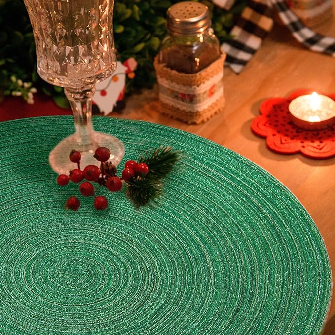 FunWheat Round Placemats Set of 6 Table Mats for Dining Tables Washable Non-Slip Place mats 15 Inch (Green Shine)
