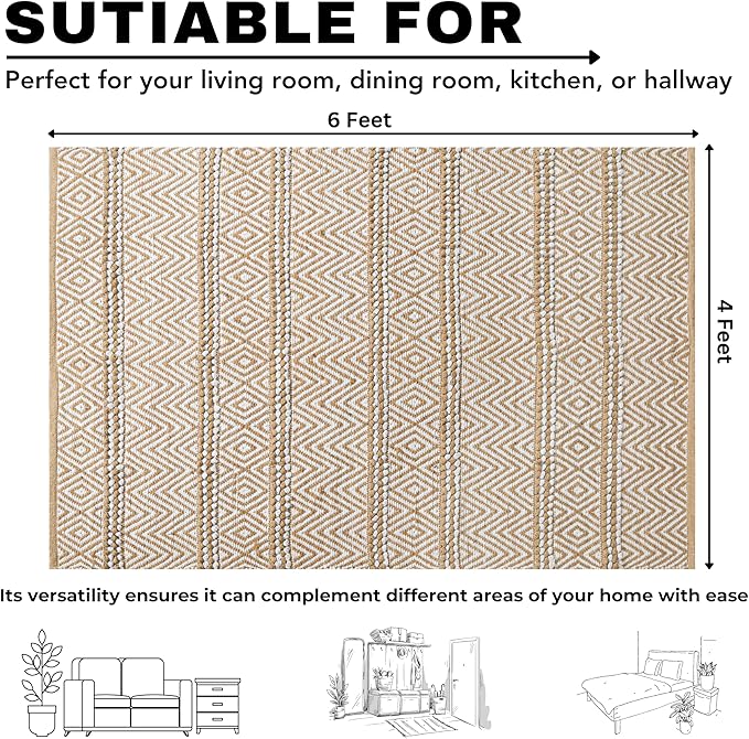 Jute Cotton Stripe Area Rug for Living Room 48x72 Inch - Natural Ivory - Machine Washable 4x6 Feet Rugs - 70% Jute and 30% Cotton
