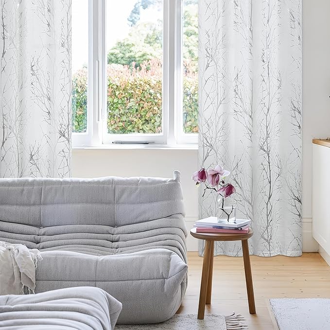 FMFUNCTEX Linen Semi Sheer Curtains for Living Room & Bedroom, Silver Metallic Print White Tree Panel, Light Filtering 84" Long Grommet Top 2 Panels