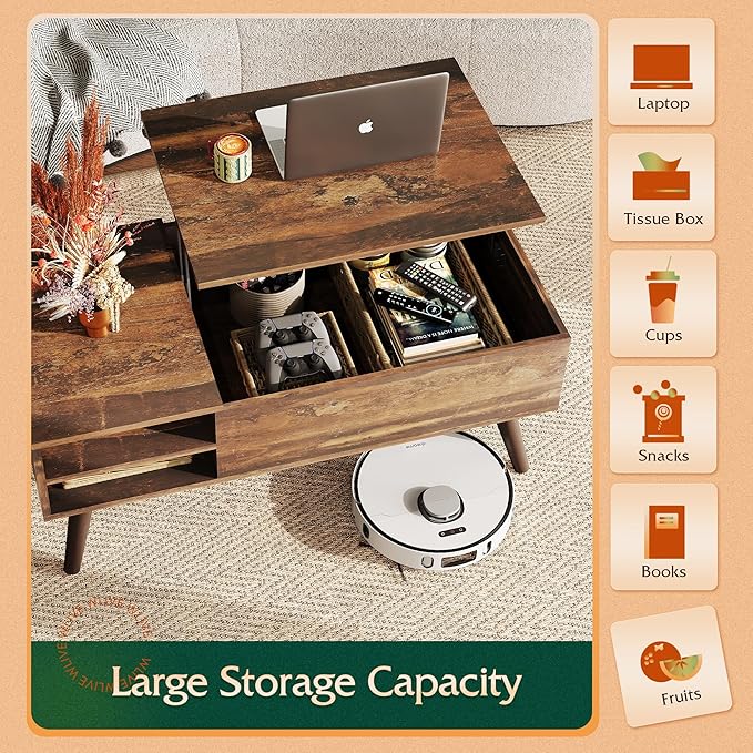 WLIVE Wood Lift Top Coffee Table with Hidden Compartment and Adjustable Storage Shelf, Lift Tabletop Dining Table for Home Living Room, Office, Rustic Oak