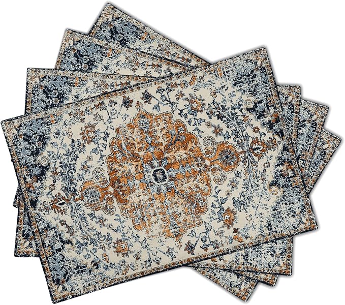 Brown Navy Blue Ethnic Boho Placemats Set of 4 Bohemian Carpet Vintage Gold Black Tan Floral Linen Washable Kitchen Dining Table Mats Stain Heat-Resistant Desktop Place Mats for Home Party 12x18 in