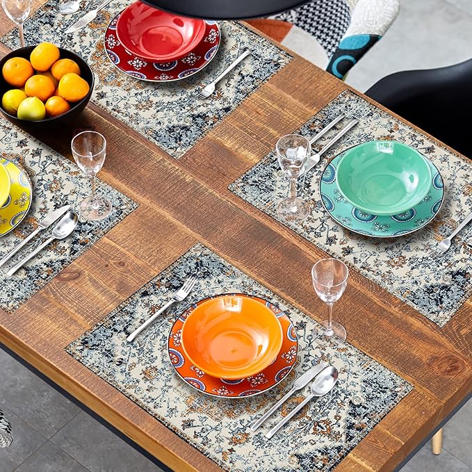 Brown Navy Blue Ethnic Boho Placemats Set of 4 Bohemian Carpet Vintage Gold Black Tan Floral Linen Washable Kitchen Dining Table Mats Stain Heat-Resistant Desktop Place Mats for Home Party 12x18 in