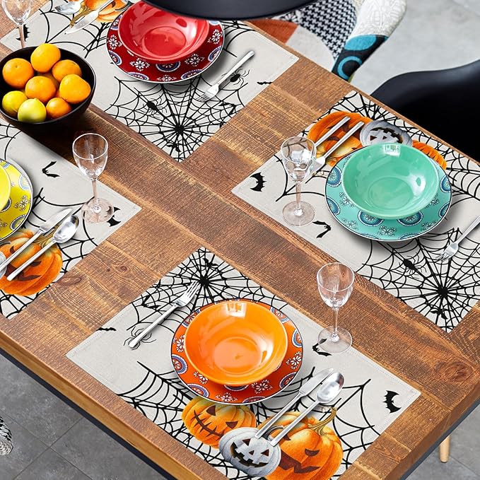 Giwawa Halloween Placemats, Colorful Spooky Pumpkins Spider Web Bats Linen Place Table Mats Washable Stain Resistant for Kitchen Dining Party Holiday Tabletop Decor, Set of 4, 12x18 Inches
