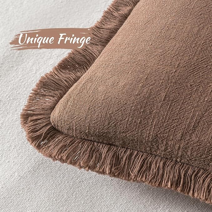 MIULEE Decorative Throw Pillow Covers Neutral Linen Fringe Throw Pillows Set of 2 Dark Coffee Boho Farmhouse Cushion Covers with Tassels for Couch Sofa Bed Living Room Spring Home Decor 18x18 Inch