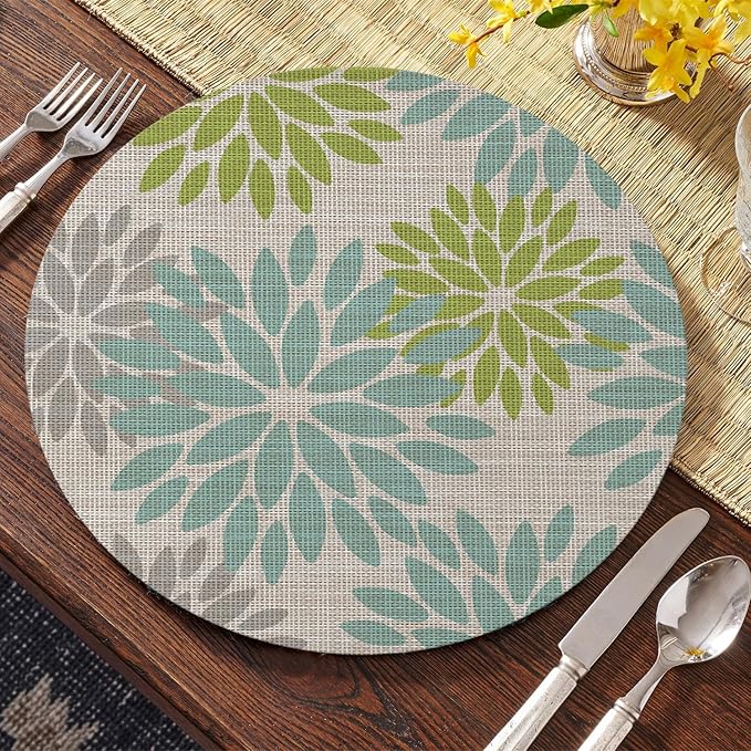 Artoid Mode Light Green Dahlia Plastic Round Placemats Set of 4, 14 Inch Seasonal Wipeable Woven Vinyl Table Mats for Farmhouse Party Kitchen Dining Decor