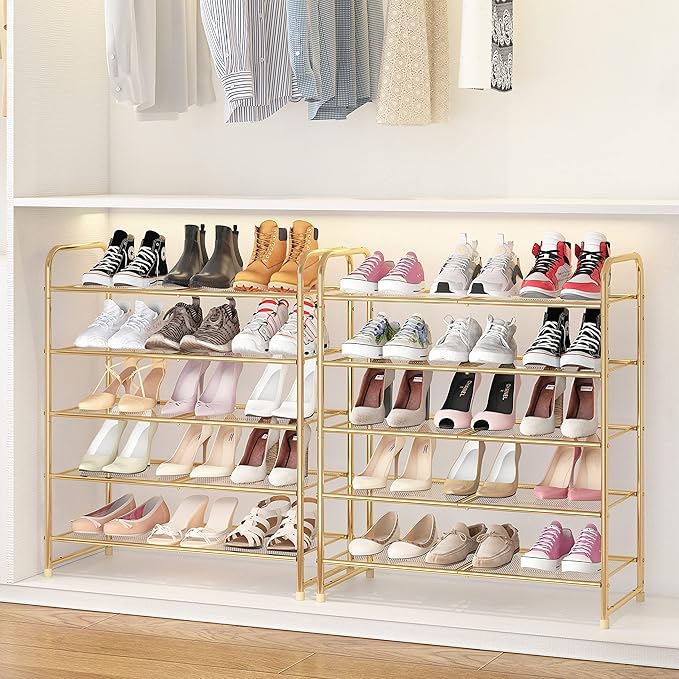 Simple Trending 5-Tier Stackable Shoe Rack, Expandable & Adjustable Shoe Shelf Storage Organizer, Metal Mesh, Gold