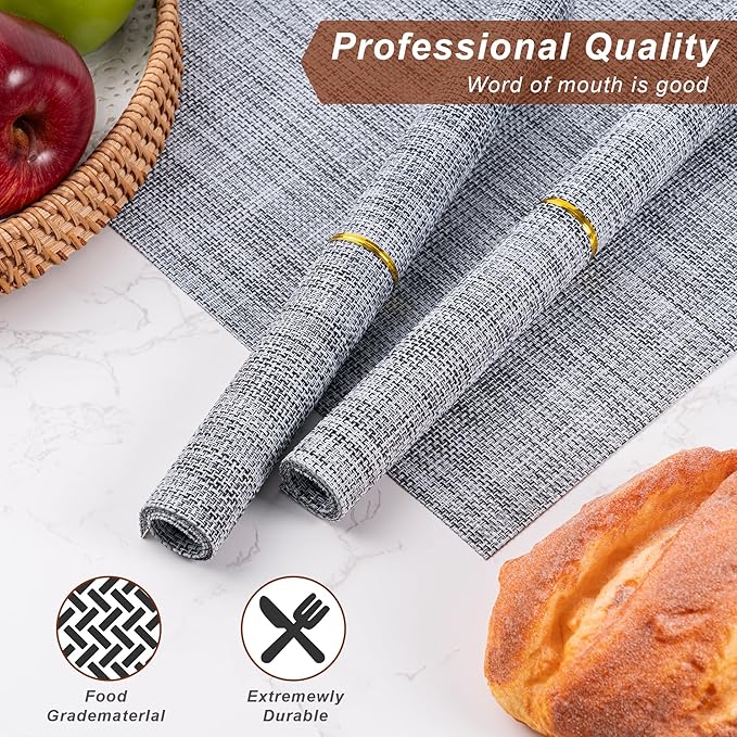 Placemats Set of 6 Washable Indoor/Outdoor Vinyl Place Mats for Dining Table Durable Non-Slip Heat Resistant PVC Weave Table Mats(Gray Black)