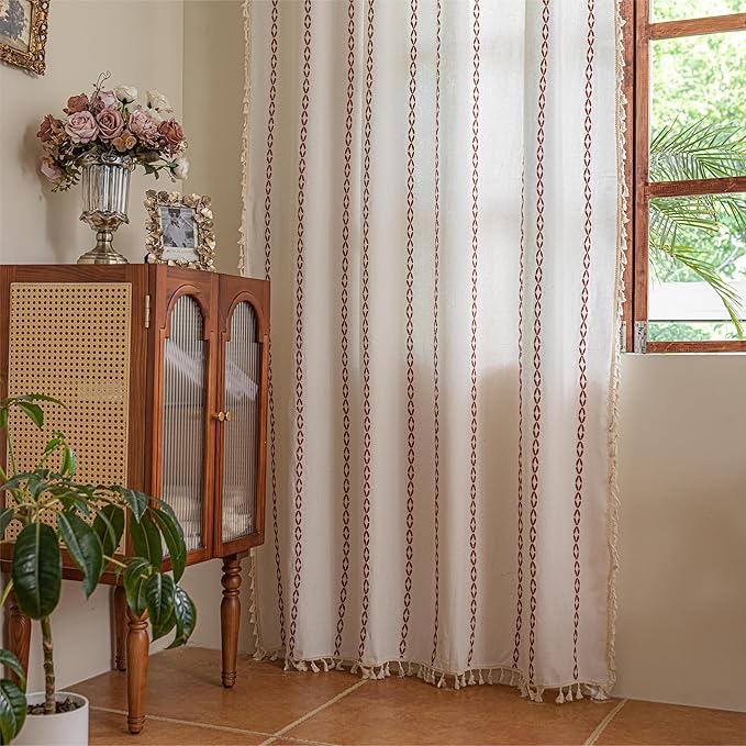 Sutuo Home Boho Curtains 96 Inch Long for Bedroom Dining Living Room, Light Filtering Cotton Embroideried Bohemian Striped Farmhouse Fall Halloween Decor, 1 Panel W52 x L96,White and Terracotta