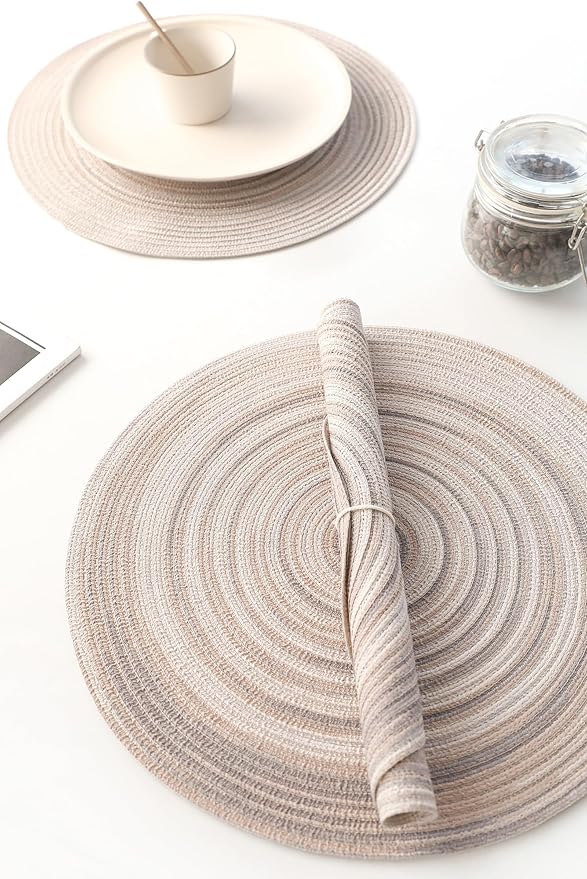 Floroom 15 Inch Round Braided Placemats Set of 4, Washable Heat Resistant Cotton Polyester Circle Place Mats for Kitchen Dining Table - Rainbow Gray