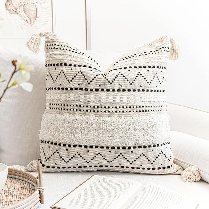 Decorative Throw Pillow Cover 20x20 Square Boho Black Neutral White Accent Pillowcase Tassels Farmhouse Cushion for Couch Sofa Bedroom Living Room Home Décor (Cover ONLY, Pack of 1)