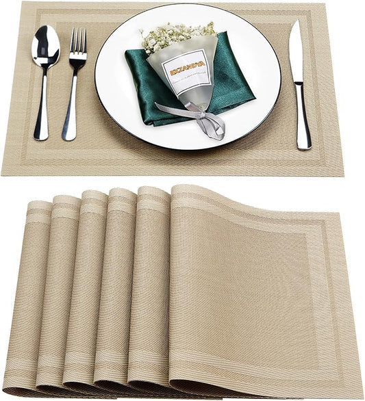 Placemats Set of 6,Washable,Heat and Stain Resistant Indoor/Outdoor Place mats, Vinyl Woven Non Slip Table Mats for Restaurant Table Protection, PVC Table Placemats(Beige, 6PCS)