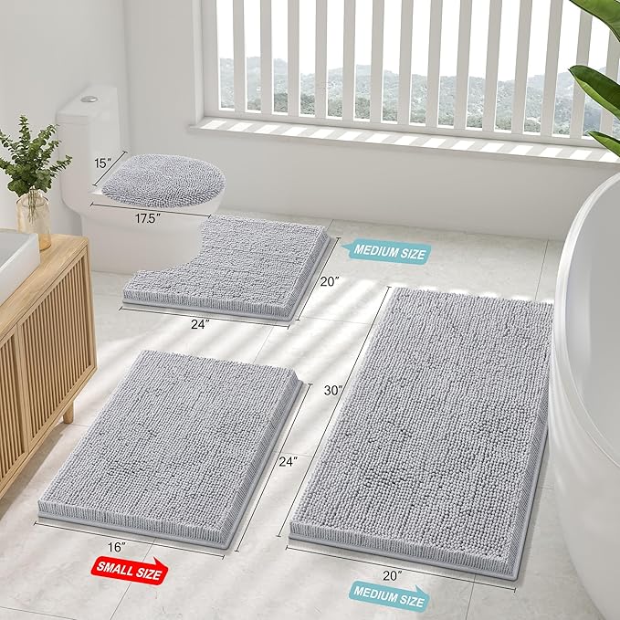 Smiry Luxury Chenille Bath Rug 36''x24'', Extra Soft and Absorbent Shaggy Bathroom Mat Rugs, Machine Washable, Non-Slip Plush Carpet Runner for Tub, Shower, and Bath Room, Light Grey