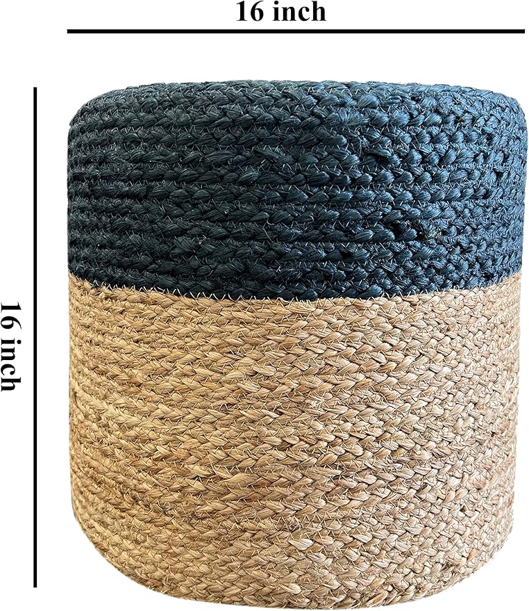S & L Homes Pouf Ottoman - 100% Jute Braided Footrest Pouf Hand Knitted Traditional Cord Boho Pouffe for Living Room, Bedroom, Nursery, Patio, Lounge Colorblock - Natural Navy (16”x16”x16”)
