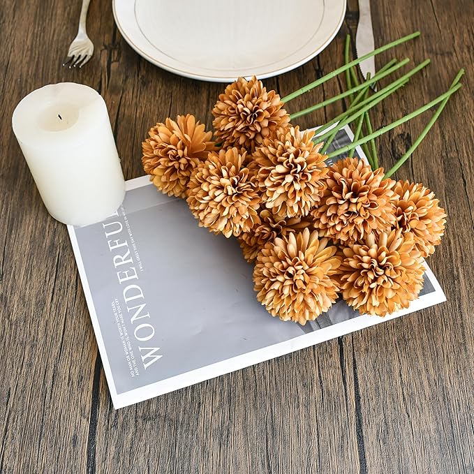 Mandy's Light Brown Artificial Ball Chrysanthemum 12 Stems Faux Flowers with Bendable Stems for DIY Wedding Centerpiece Fall Decor Home Arrangements
