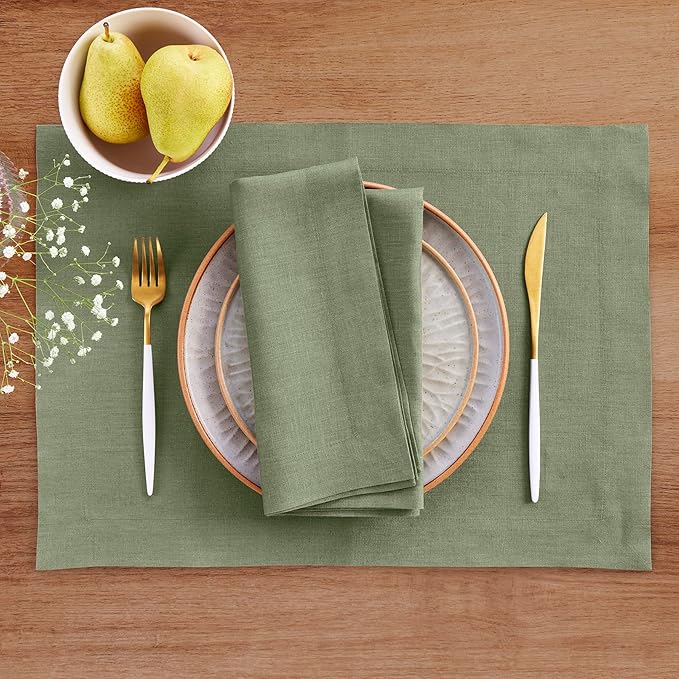 Solino Home Linen Cloth Placemats Set of 4-100% Pure Linen Oil Green Placemats 14 x 19 Inch for Summer - Fete