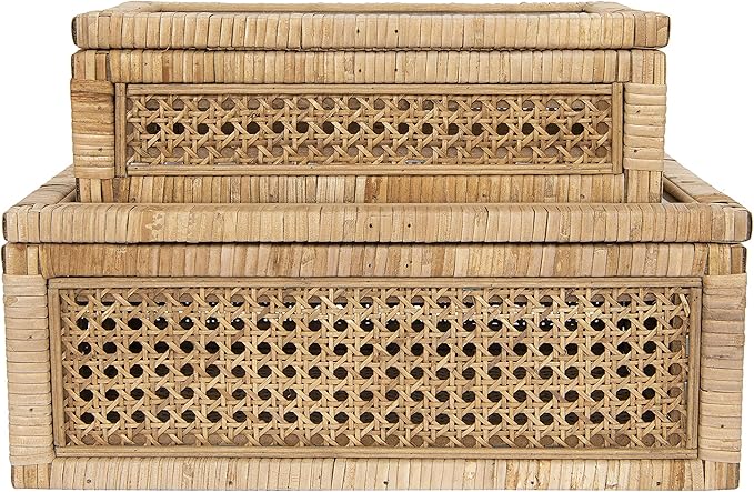 Creative Co-Op Modern Decorative Rectangle Woven Rattan and Wood Display Boxes with Glass Top, Set of 2 Sizes, Natural Finish