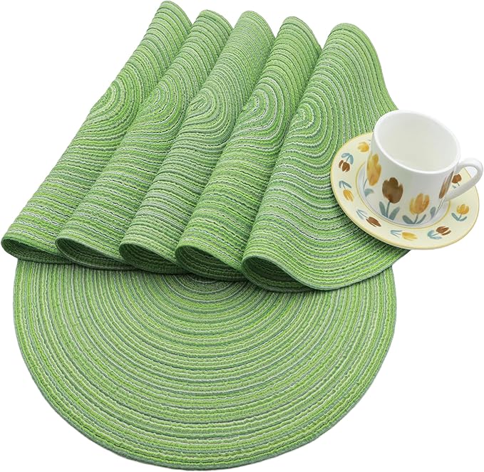 Braided Round Placemats Set of 6, Woven Washable Non-Slip Table Mats for Kitchen Dining, 14.5 Inch, Heat Resistant - Natural Fabric Indoor Outdoor Place Mats(Green)