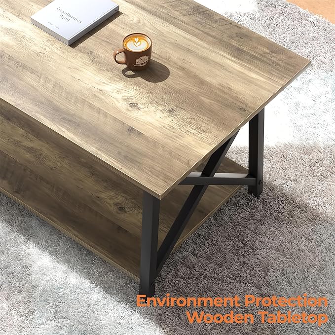 GreenForest Coffee Table with Storage, 39inch Modern 2-Tier Coffee Tables for Living Room, X-Frame Design Farmhouse Coffee Table Space Saving Living Room Small Tables, Easy Assembly, Grey Wash