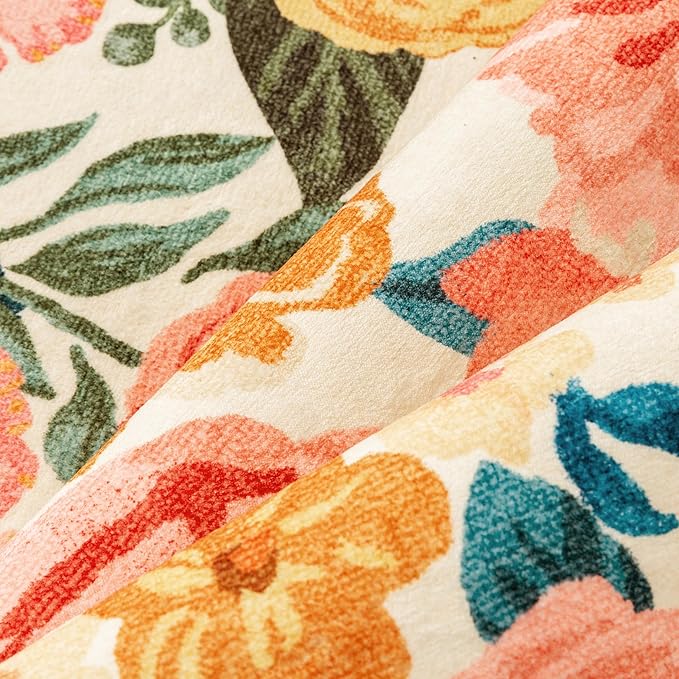 Washable Floral Runner Rug 2x5 Beige Hallway Carpet Scalloped Flower Non Slip Soft Long Kitchen Runner Farmhouse Low Pile Thin Indoor Floor Cover for Bathroom Bedroom Laundry Room Entryway