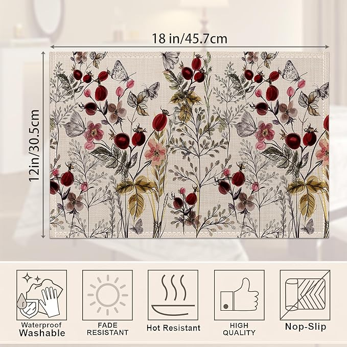 Vintage Floral Plant Placemats Set of 6,Butterfly Flower Linen Washable Kitchen Dining Table Mats Heat Resistant Place Mats for Home Party Indoor Holiday 12x18 Inch