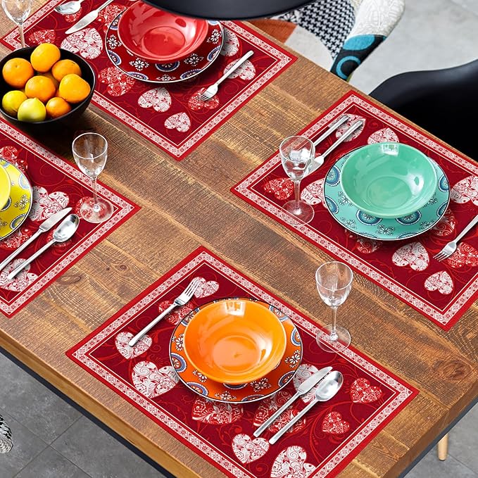 Giwawa Love Heart Placemats Set of 4, Valentines Day Red White Hearts Print Linen Place Mat 12x18 Inch, Romantic Non-Slip Washable Table Mats Kitchen Dining Tabletop Holiday Party Wedding Decor