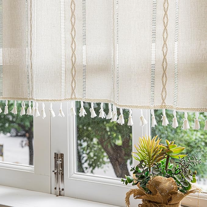 Sutuo Home Ivory Boho Curtain 52W x 36L inch White Striped Light Filtering Short Valance Tier, 1 Panel Embroidery Bohemian Farmhouse Country Kitchen Window Treatment Decor for Small Closet