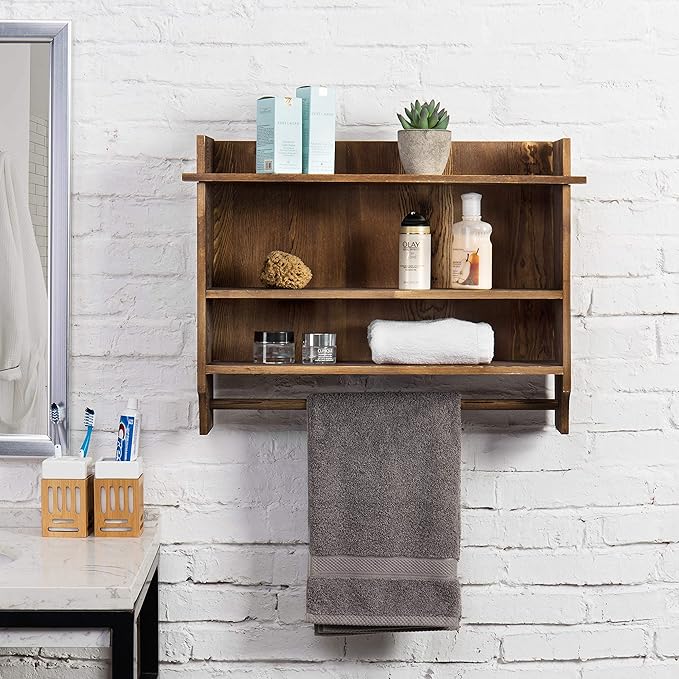 MyGift 3 Tier Wall Mounted Rustic Burnt Solid Wood Bathroom Storage Shelves, Wooden Floating Shelf Toilet Paper Holder Rack with 23 Inch Wide Towel Hanging Bar
