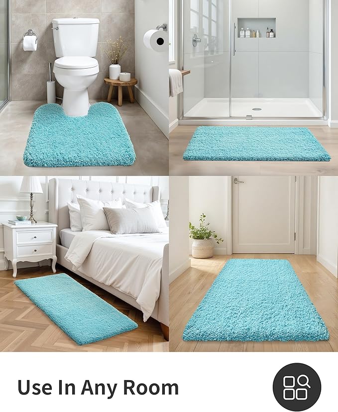 ILANGO Teal Bathroom Rugs 48" × 24" Non Slip & Super Absorbent Extra Thick Soft, Washable Bath Mat for Floor, Microfiber Plush Shaggy Bath Rug with Rubber for Bathtub Shower Room Sink