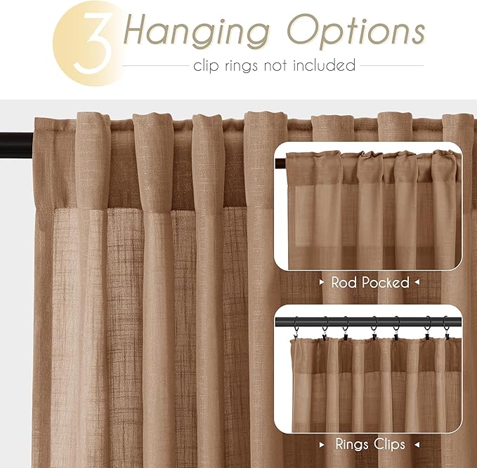 Brown Curtains for Living Room Back Tab Modern Farmhouse Semi Sheer Curtains 84 inches Long 2 Panels Set Muted Neutral Window Curtain for Dining Room Bedroom 52x84