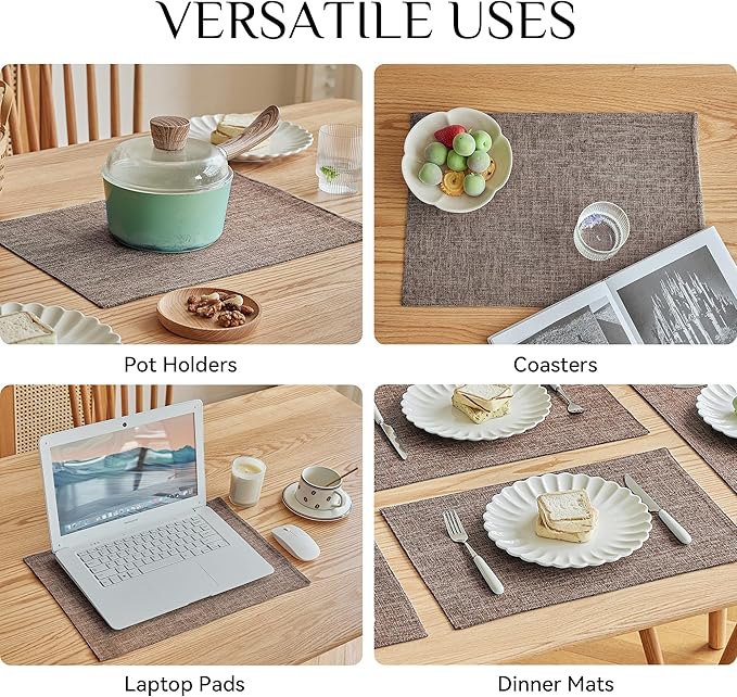 Softalker Faux Linen Placemats Set of 4-12 x 18 Inch, Heat Resistant Double Layered Durable Burlap Farmhouse Place Mats, Non-Slip Washable Rustic Table Mats for Dining, Kitchen, Party,Natural Linen