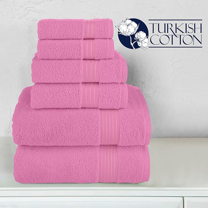 Elegant Comfort Premium Cotton 6-Piece Towel Set, Includes 2 Washcloths, 2 Hand Towels and 2 Bath Towels, 100% Turkish Cotton - Highly Absorbent and Super Soft Towels for Bathroom, Light Pink
