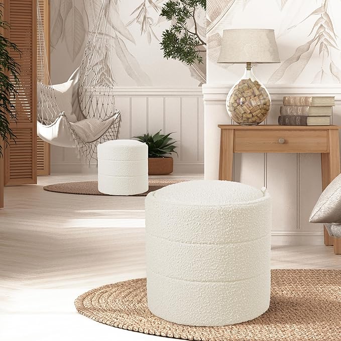 HomePop Storage Round Ottoman with Removable Lid Home Décor|Upholstered Round Foot Rest Ottoman - Cream Boucle