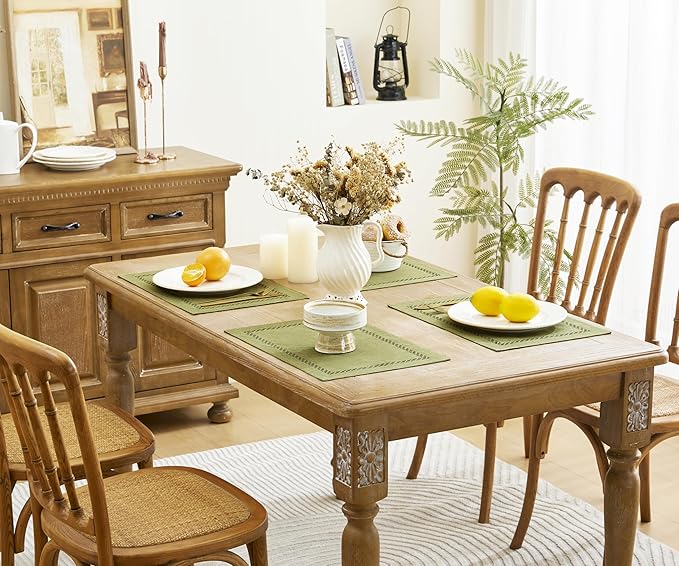 Burlap Placemats Set of 6, 12 x 18 Inch Rustic Geometric Hollow Place Mats, Heat Resistant Placemats for Farmhouse Kitchen Table Decor, Sage Green 6PCS