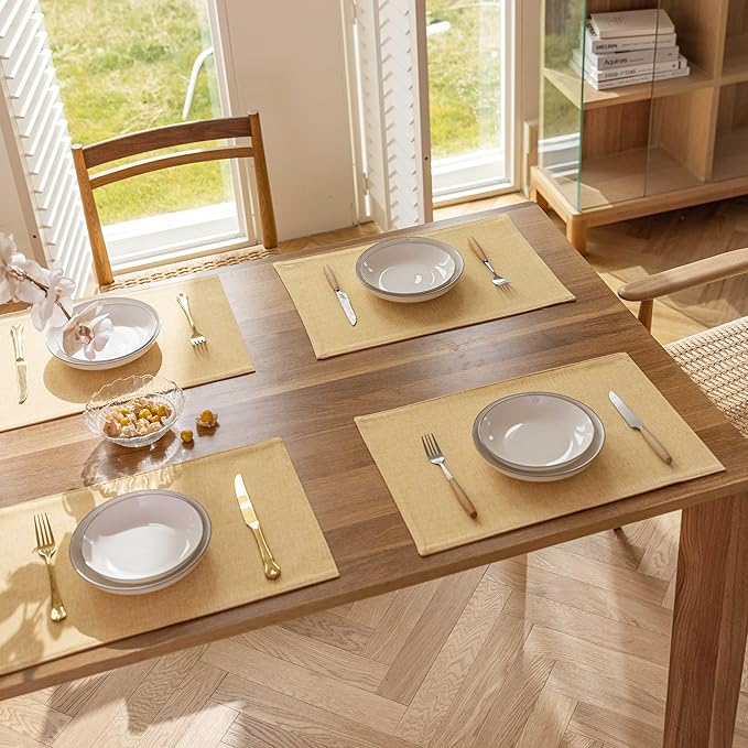 Demetex Yellow Placemats Set of 4 Farmhouse Table Place Mats for Dinner Heat Resistant Cloth Placemat for Kitchen Dining Tables, Yellow