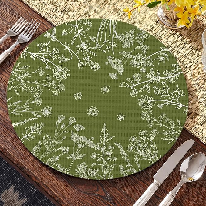 Artoid Mode Dandelion Wild Flower Round Placemats Set of 4, 15 Inch Plastic Woven Washable Non-Slip PVC Table Mats for Party Kitchen Dining Decor