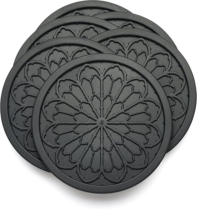 Silicone Coasters for Drinks - 6 Pack 4" Drink Coasters for Aesthetic Room Decor - Goth Accessories for Kitchen Gadgets by COASTERFIELD (Black)