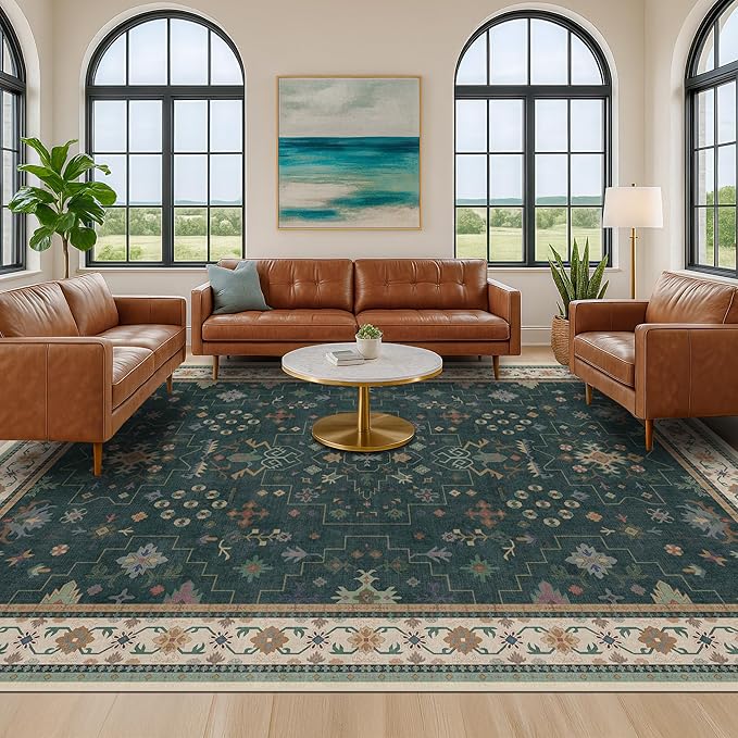 Dark Green Oushak Living Room Rug 10x14 - Modern Vintage Boho Eclectic Floral Pastel, Washable Low Pile Non-Slip Extra Large Area Rugs for Dining Under Table Bedroom Lounge