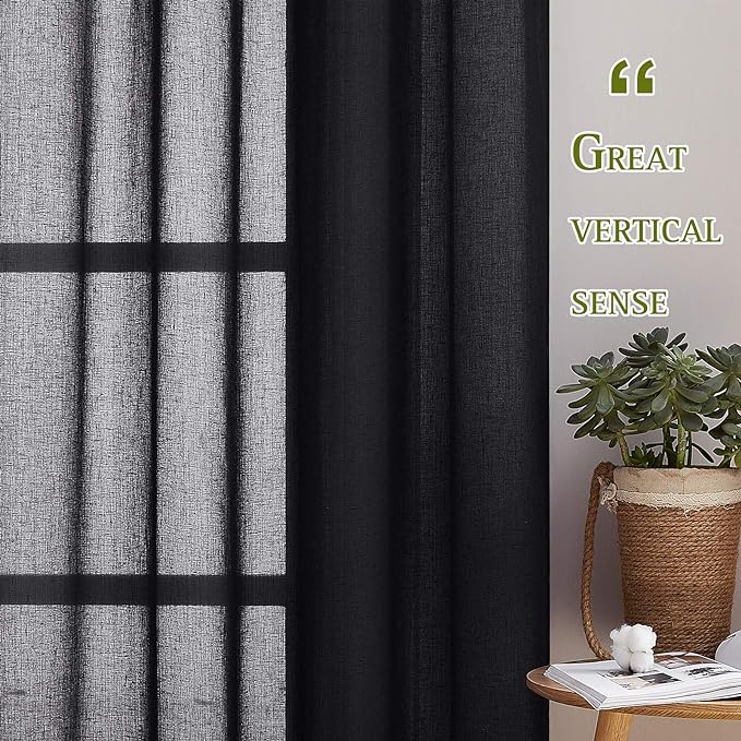 NICETOWN Natural Flax Sheer Linen Curtains Grommet Top, Semitransparent Vertical Blinds Solid Cool Window Treatment Privacy with Light Filter for Boys Bedroom, Black, W52 x L45, Set of 2
