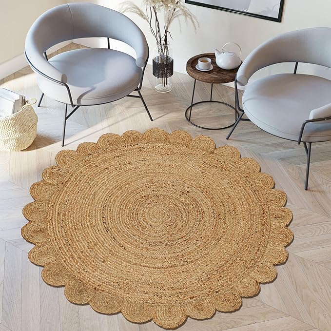 Savi Home Hand Woven Jute Braided Scalloped Rug, 4' Round - Natural, Reversible Area Rugs for Living Room, Farmhouse, Kitchen, Handcrafted 4 Feet Round Area Rugs - Natural