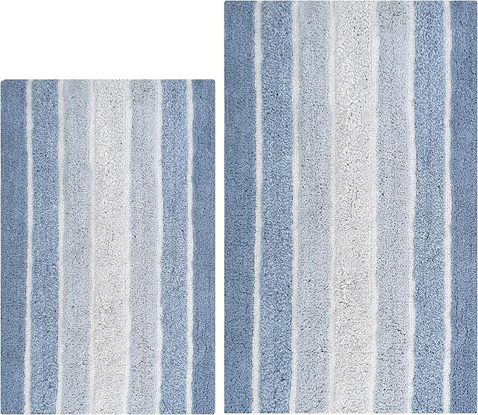 Bathroom Rugs Set 2 Piece Blue Alpine Stripe Reversible Cotton Bath Mats for Bathroom Floor |Quick Dry Bath Mat for Tub Spa Shower|Living Room Entry Way Door Mats |21x32 & 17x24 Inches