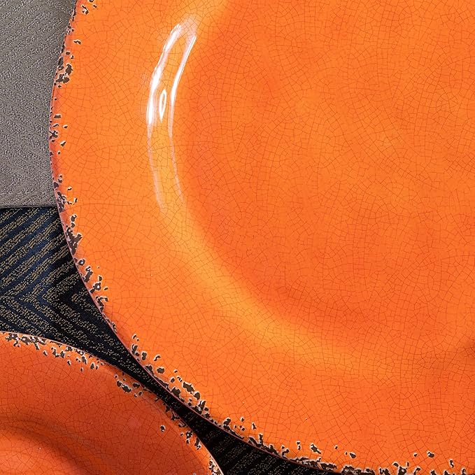 Rustic Melamine Dinnerware Sets, Farmhouse Dishes Set for 4, Lightweight 12 Piece Kitchen Plates and Bowls Set for Indoor and Outdoor Use, Dishwasher Safe, Orange