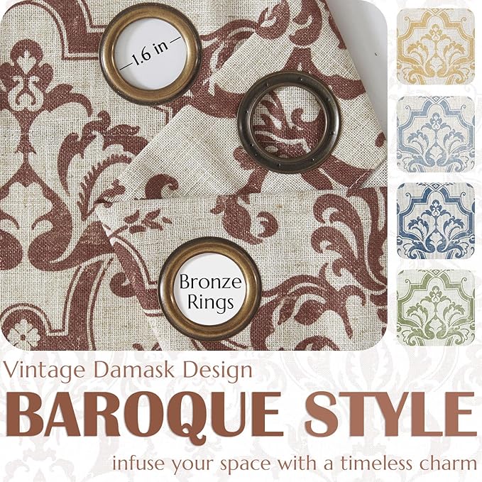 jinchan Linen Curtains for Bedroom Brown Damask Patterned 90 Inches Long for Living Room Light Filtering Vintage Curtains Baroque Style Drapes Grommet Window Treatments 2 Panels Set